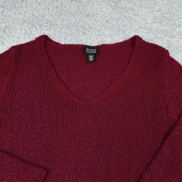 Eileen Fisher Italian Yarn Linen Blend V-Neck Sweater Cranberry Red - Picture 5 of 6